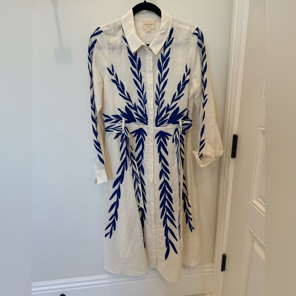 Sezane Adinette Dress Navy Leaf Embroidery On Ecru Background - Size US 8 NWT
